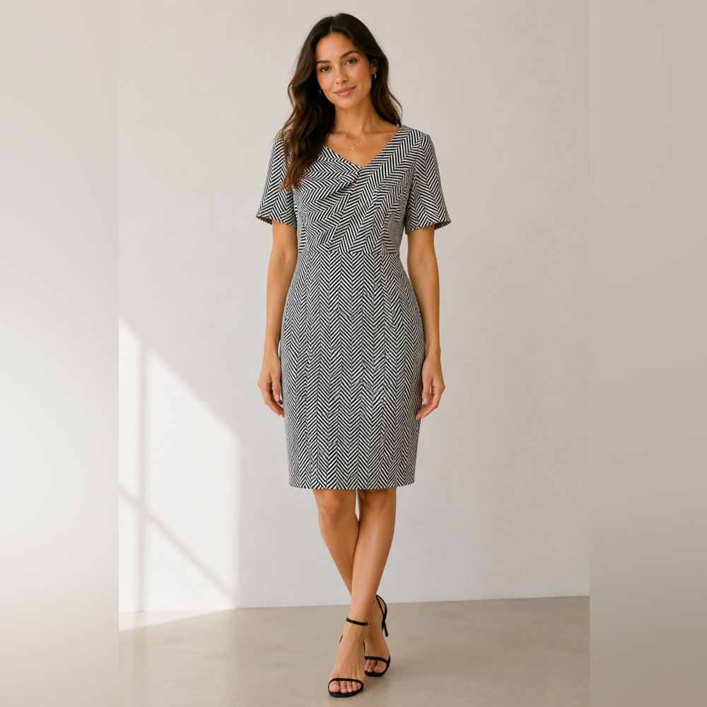 Escada Tweed Large Dress‎ Short Sleeve Cocktail Party Office Black White Sheath